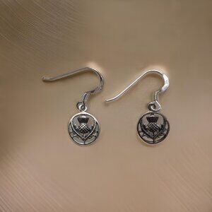 Brand New 925 Solid Sterling Silver Hanging Hook Scottish Thistle Earrings